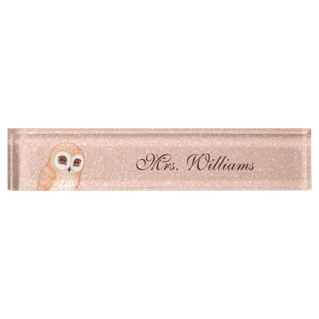 Cute Owl Rose Gold Glitter Teacher  Desk Name Plate (Front)