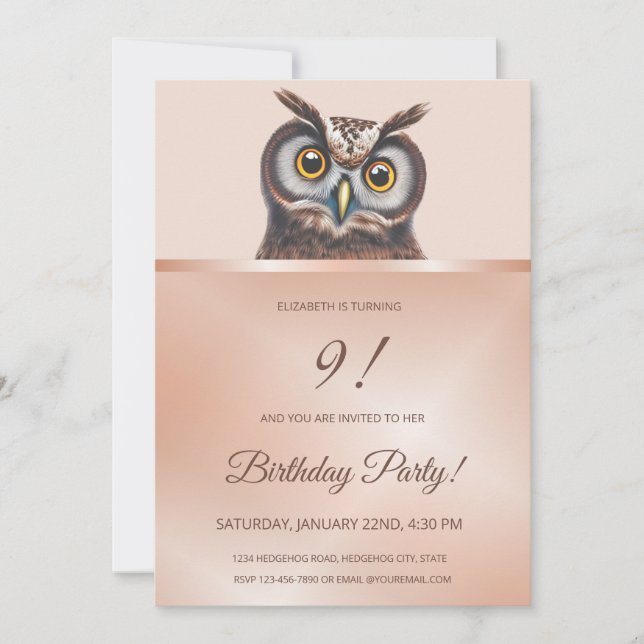 Cute Owl |  Rose Gold  Invitation (Front)