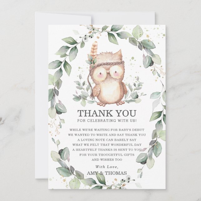 Cute Owl Rustic Greenery Baby Shower Birthday Thank You Card (Front)