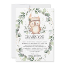 Cute Owl Rustic Greenery Baby Shower Birthday Thank You Card