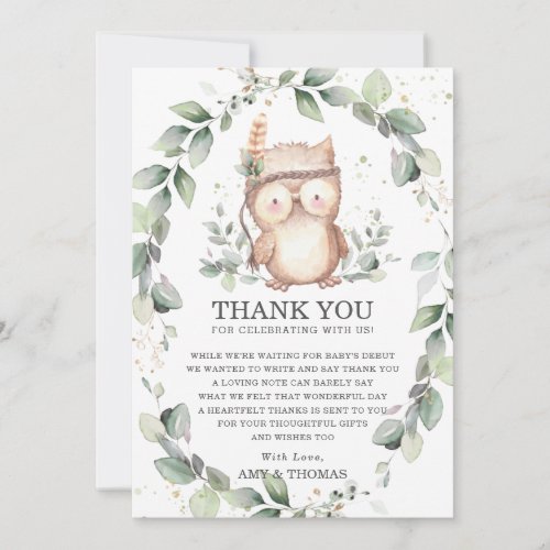 Cute Owl Rustic Greenery Baby Shower Birthday Thank You Card