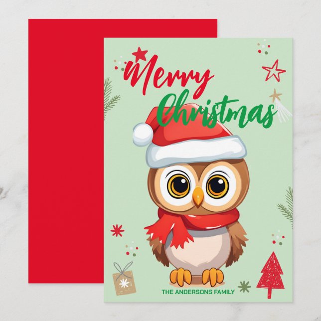 Cute Owl santa Christmas Holiday Family name kids Card (Front/Back)