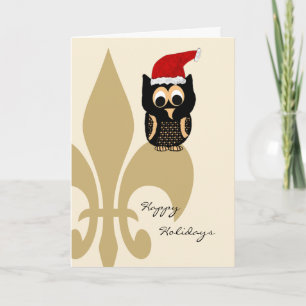 Cute Owl Santa Fleur de Lis Christmas Holiday Card