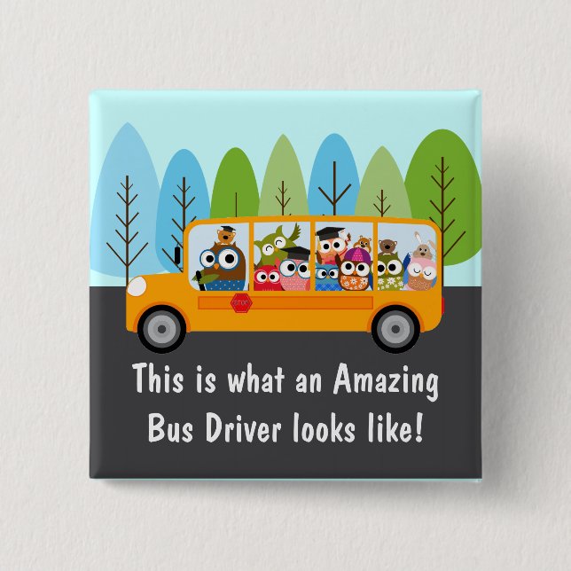 Cute Owl School Bus Driver Pinback Button (Front)