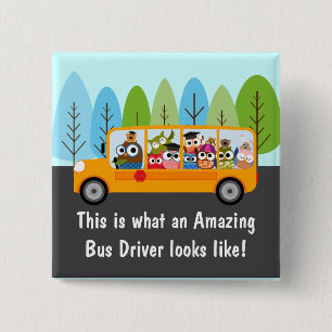 Cute Owl School Bus Driver Pinback Button