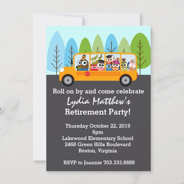 Cute Owl School Bus Driver Retirement Party Invitation (Front)