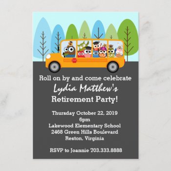 Cute Owl School Bus Driver Retirement Party Invitation by adams_apple at Zazzle
