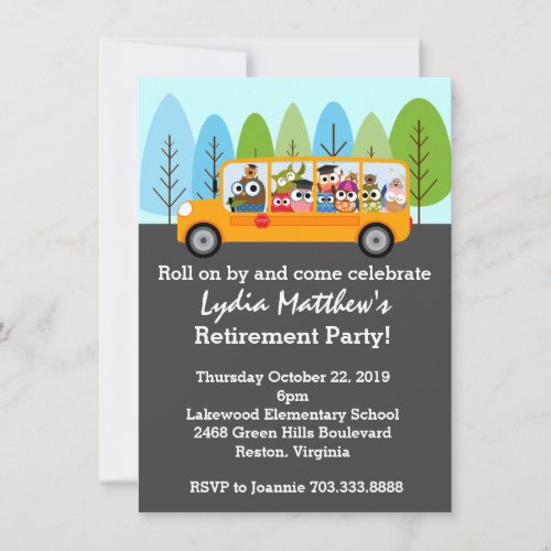 Cute Owl School Bus Driver Retirement Party Invitation