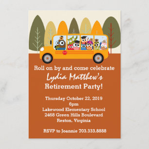 Cute Owl School Bus Driver Retirement Party Invitation