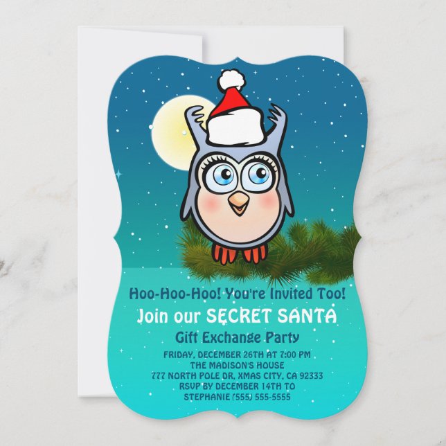 Cute Owl Secret Santa Party Invitation (Front)