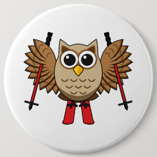 Cute Owl Skiing Cartoon Button