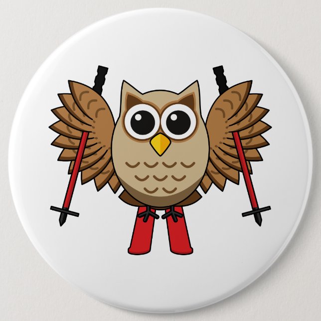 Cute Owl Skiing Cartoon Button (Front)