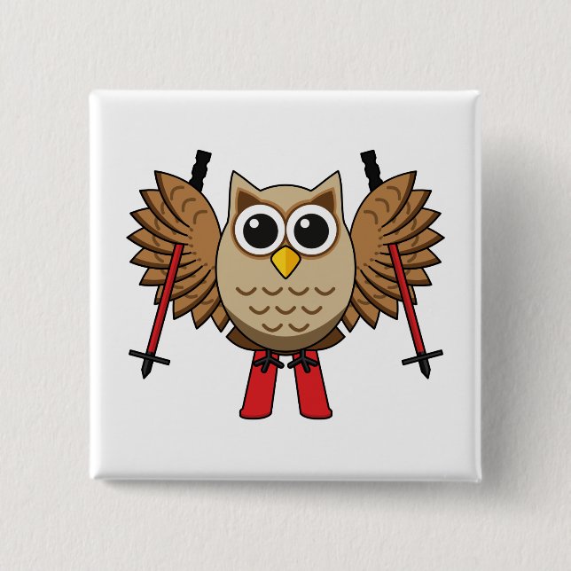 Cute Owl Skiing Cartoon Button (Front)