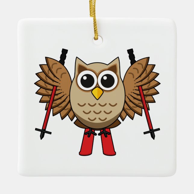Cute Owl Skiing Cartoon Ceramic Ornament (Front)