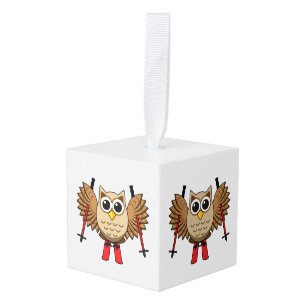 Cute Owl Skiing Cartoon Cube Ornament