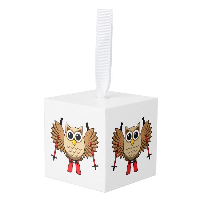 Cute Owl Skiing Cartoon Cube Ornament (Front Angled)