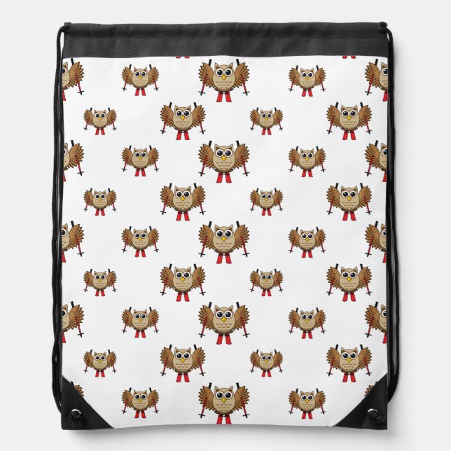 Cute Owl Skiing Cartoon Drawstring Bag (Front)