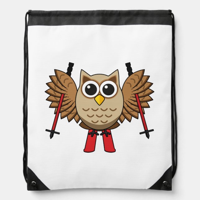 Cute Owl Skiing Cartoon Drawstring Bag (Front)