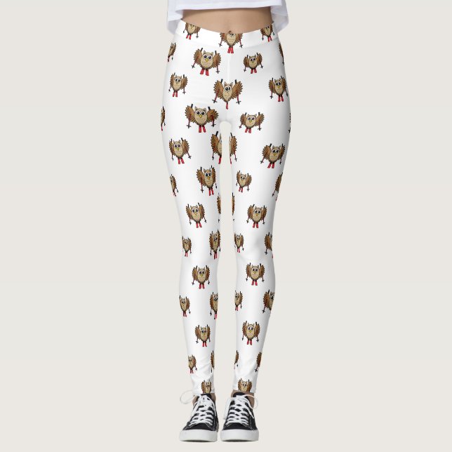 Cute Owl Skiing Cartoon Leggings (Front)