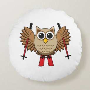 Cute Owl Skiing Cartoon Round Pillow