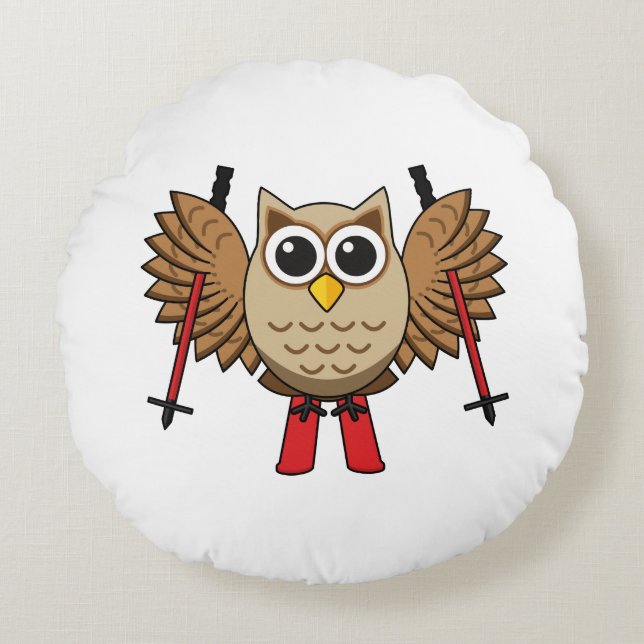 Cute Owl Skiing Cartoon Round Pillow (Front)