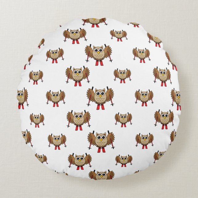 Cute Owl Skiing Cartoon Round Pillow (Front)