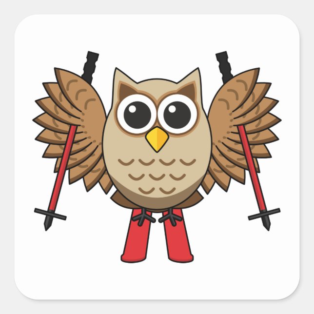 Cute Owl Skiing Cartoon Square Sticker (Front)