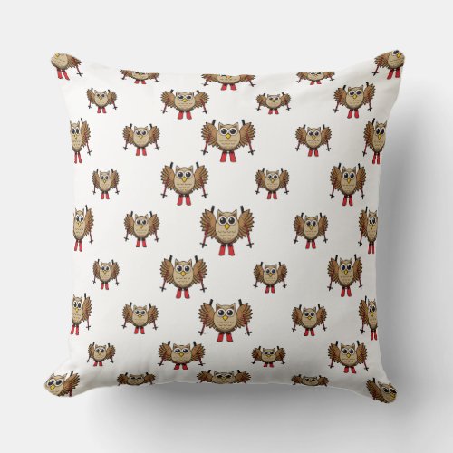 Cute Owl Skiing Cartoon Throw Pillow