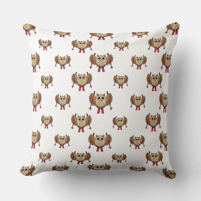Cute Owl Skiing Cartoon Throw Pillow (Front)