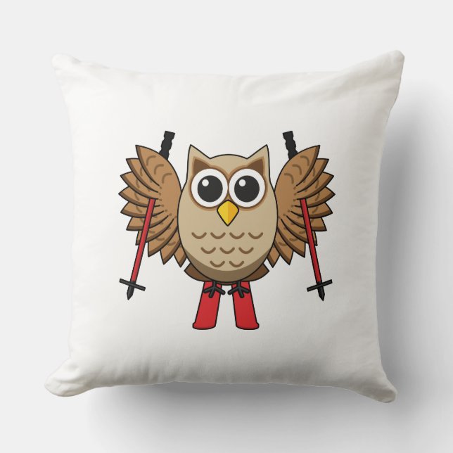 Cute Owl Skiing Cartoon Throw Pillow (Front)