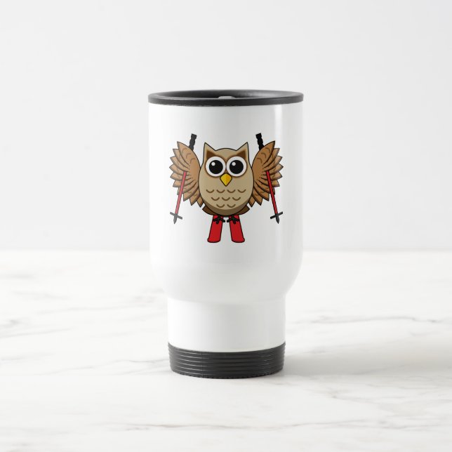 Cute Owl Skiing Cartoon Travel Mug (Center)