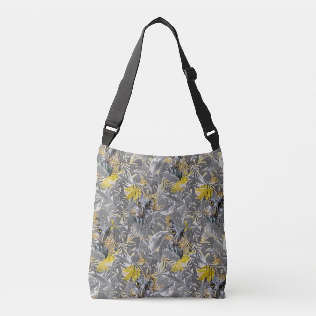 Cute owl - sparkling eyes & Gray yellow leaves Crossbody Bag (Front)