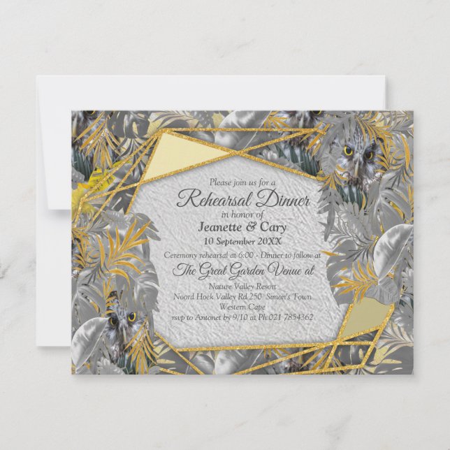 Cute owl - sparkling eyes & Gray yellow leaves Invitation (Front)
