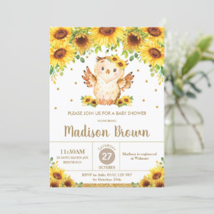Cute Owl Sunflower Floral Baby Shower Girl  Invitation