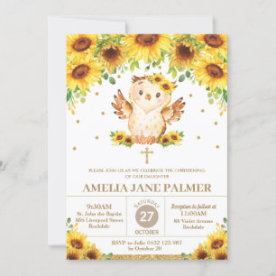 Cute Owl Sunflower Floral Christening Baptism Girl Invitation