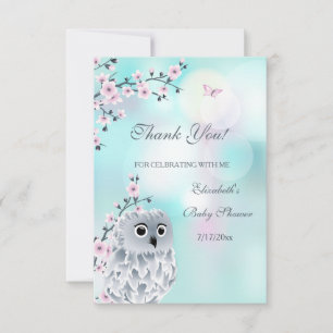 Cute Owl Turquoise Girl Baby Shower Thank You Card