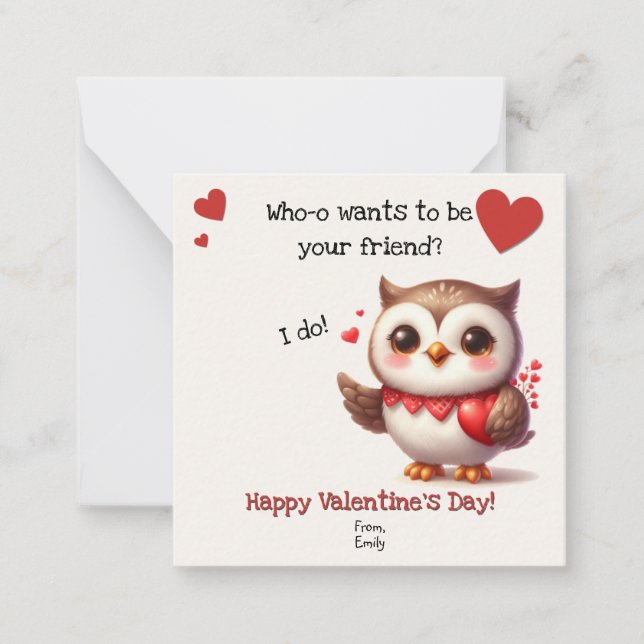 Cute Owl Valentine's Day Cards for Classroom  (Front)