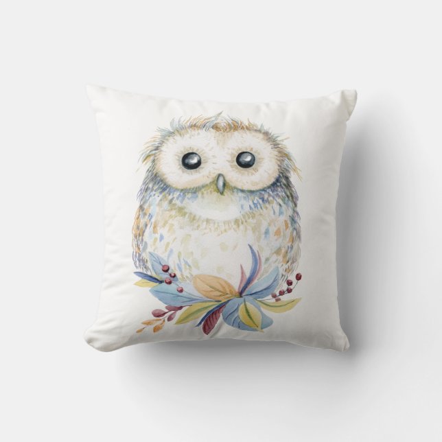 Cute Owl watercolor drawing Throw Pillow (Front)