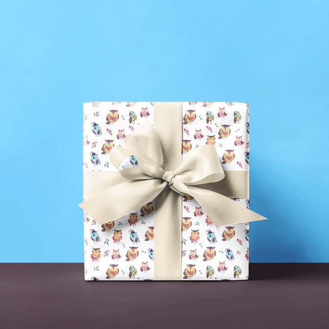 Cute Owl Watercolor Pattern | White Wrapping Paper (Creator Uploaded)