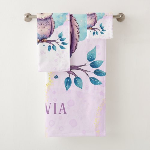 Cute Owl Watercolor Splash Baby Shower Custom Gift Bath Towel Set