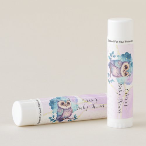 Cute Owl Watercolor Splash Girl Baby Shower Custom Lip Balm