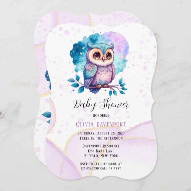Cute Owl Watercolor Splash Girl Baby Shower Invitation (Front/Back)