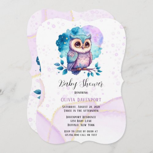 Cute Owl Watercolor Splash Girl Baby Shower Invitation