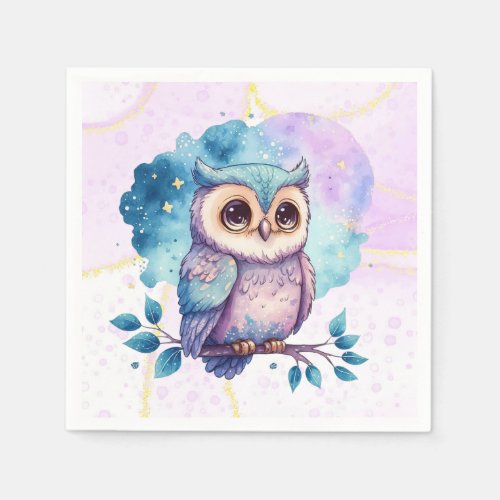 Cute Owl Watercolor Splash Girl Baby Shower Napkins