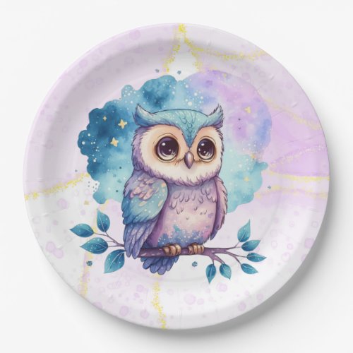 Cute Owl Watercolor Splash Girl Baby Shower Paper Plates