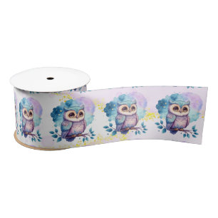Cute Owl Watercolor Splash Girl Baby Shower Satin Ribbon