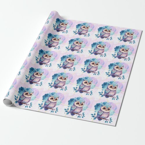 Cute Owl Watercolor Splash Girl Baby Shower Wrapping Paper