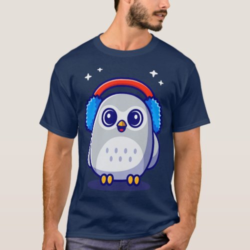 Cute Owl Wearing Earmuffs Cartoon T_Shirt
