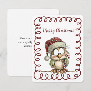Cute Owl Wearing Santa Hat Holding Candy Cane Holiday Card