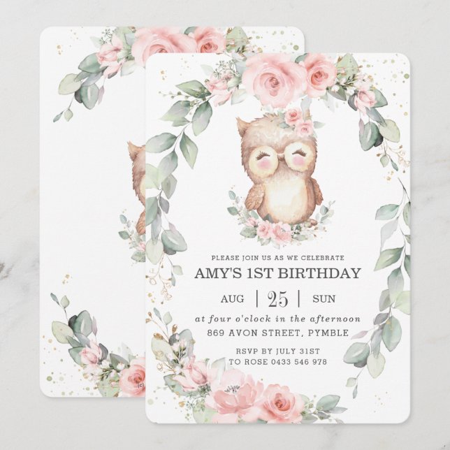 Cute Owl Whimsical Pink Floral Greenery Birthday  Invitation (Front/Back)